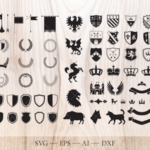 Bundle Silhouette héraldique SVG, blason familial SVG, svg des armoiries, bouclier SVG, clipart vectoriel héraldique, couronne svg