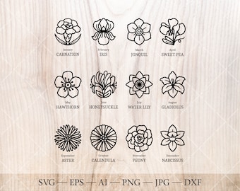 Birth Flower Line Art SVG Bundle, Birthday Flower Clipart (Digital Download)