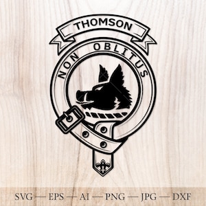 Badge Thomson écusson SVG avec sanglier, clan écossais svg, écusson familial svg. Armoiries svg. Ceinture écossaise avec boucle SVG. Emblème du clan svg