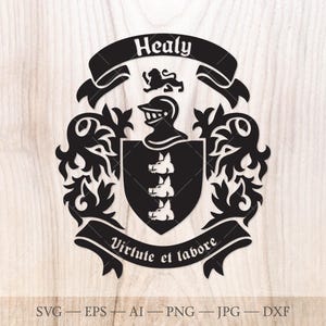 Healy-familiewapen, wapen svg. Heraldisch schild met drie zwijnen, leeuw