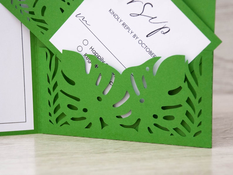 Monstera bröllopsinbjudan SVG-mall, trefaldig ficka, OSA-kort (digital nedladdning) bild 4