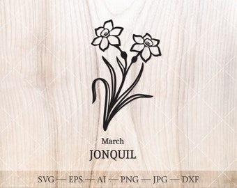 May include: Black and white line art illustration of a jonquil flower with the text "March JONQUIL" below the flower.