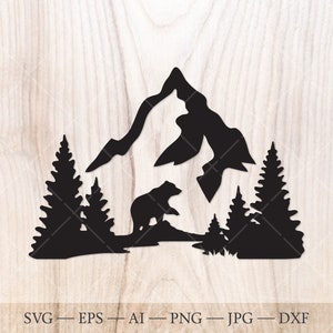 Mountain, grizzly bear and forest SVG Cut File. Mountains svg, Forest svg, Woods svg. Outdoors travel svg