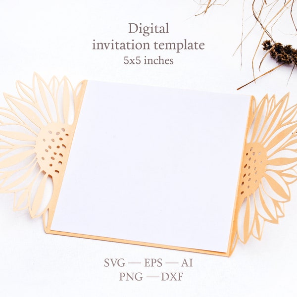 Cricut SVG Sunflower wedding invitation 5x5 SVG template. Gate fold paper die cut card with sunflower. Digital papercut template