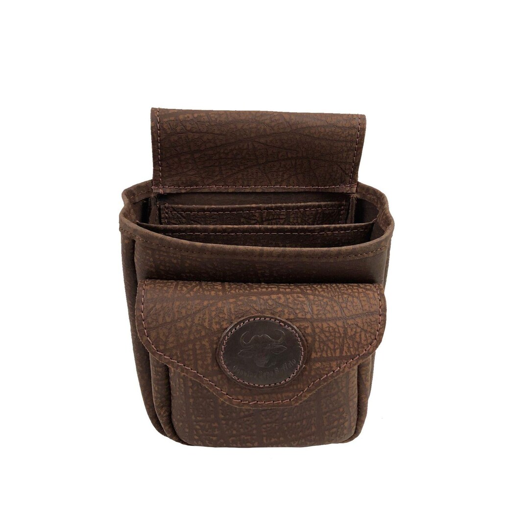 Cape Buffalo Hide Shotgun Shell Pouch For Sporting Clays & Trap - Brown With Emblem