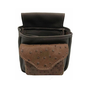 Genuine Ostrich Pocket leather shotgun shell sporting clay / skeet / trap pouch Deluxe - Brown - Add Personalization