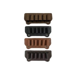 May include: Four rectangular leather cartridge holders arranged vertically. Each holder features five individual loops for holding ammunition, stitched edges, and two silver-toned metal snap buttons at the bottom corners for secure fastening.