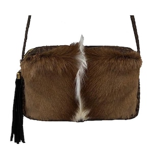 Springbok Skin Crossbody Camera Bag Purse with Mohawk and Leather Tassel - Natural Brown & White StyleA