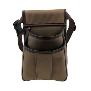 May include: A brown canvas tool bag with a leather trim and multiple pockets. The bag has a shoulder strap and a buckle closure.