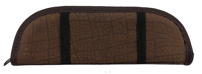 May include: A brown, semi-circular case with a textured surface and a dark brown border. Two black elastic straps are visible across the front. A black zipper is on the left side. The case appears to be made of durable material.