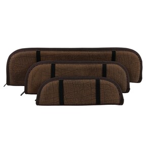 May include: Four brown cases of varying sizes, arranged in a stacked formation. Each case features a textured surface, a dark brown trim, and a black elastic band. The cases have a curved, semi-circular shape.