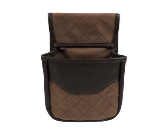 Double Leather & Duck Cloth divided shotgun shell sporting clay / skeet / trap pouch Midi - Quilted Design - Brown
