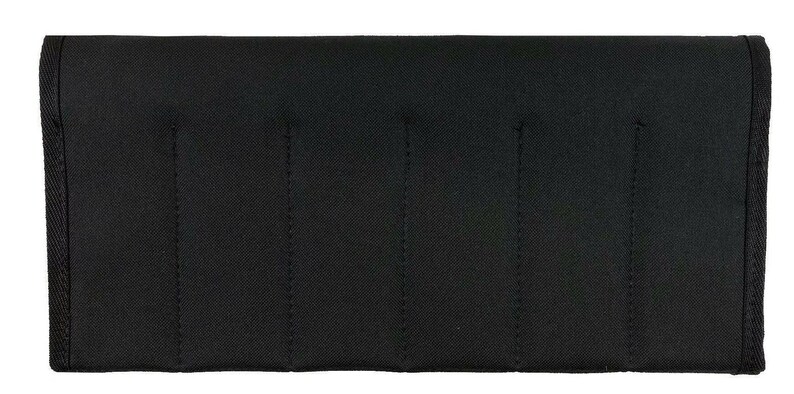 May include: A rectangular, black fabric item with vertical stitched lines. The item has a textured surface and appears to be a case or cover. The edges are neatly finished with a black border.