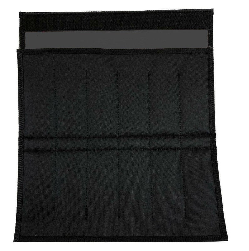 May include: Black knife roll with multiple slots for storage. The roll is made of a durable fabric and features a Velcro closure. The interior has several vertical stitched dividers to separate the knives.