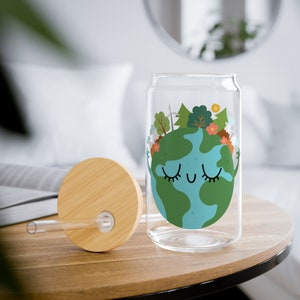 Tapa de vaso de vidrio de la Madre Tierra y paja / Ideas de regalos / Regalos únicos / Vaso para beber vaso