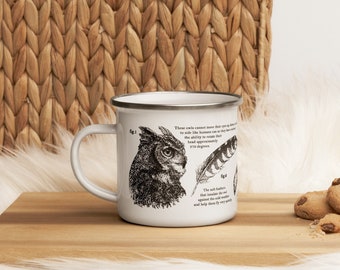 Owl Small Camping Mug 12 oz - Scientific Illustration Print on White Mug - Owl Small Mug for Camping - Unique Traveling Gift Idea