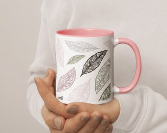 Laurel Leaves Ceramic Mug 11 oz - Unique Botanical Mug with Leaves Pastel Illustration - Mother's Day Gift