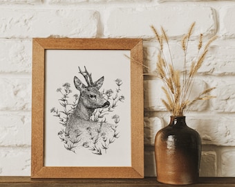 Deer Illustration Instant Download - Deer and Flowers Art Cottagecore Wall Decor Whimsical Deer Printable Digital Files