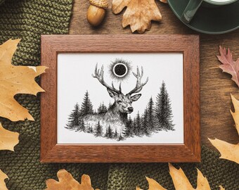 Deer Illustration Print Wall Art - Cottagecore Deer Wall Decor Whimsical Art Print