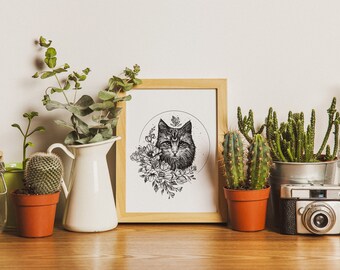 Witch's Cat Illustration Instant Download - Printable Cottagecore Cat Home Decor Whimsical Art Cat Wall Decor