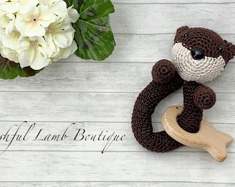 OTTER Rattle, Baby Natural Wooden Rattle, Wooden Baby Toy, Crocheted Baby Rattle, Crochet Rattle