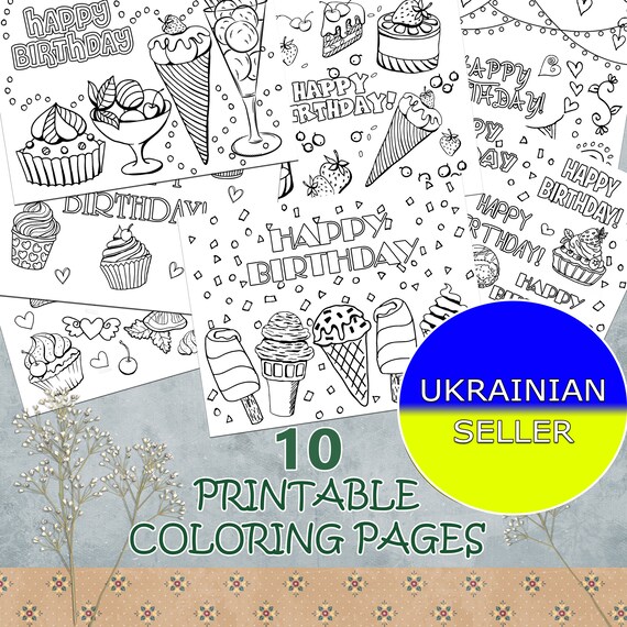 Printable Happy Birthday Coloring Pages. Birthday Party | Etsy