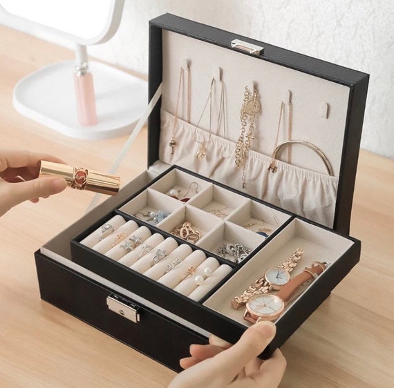 3 Layer Large Jewelry Storage Case, PU Leather Jewellery Organizer Holder  with Lock Removable Ring and Earring Organizer for Necklace freeshipping 