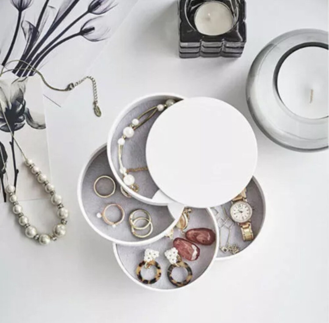 Rotating Jewelry Box, Small Jewelry Organizer 4towers Box Portable Storage Case for Rings