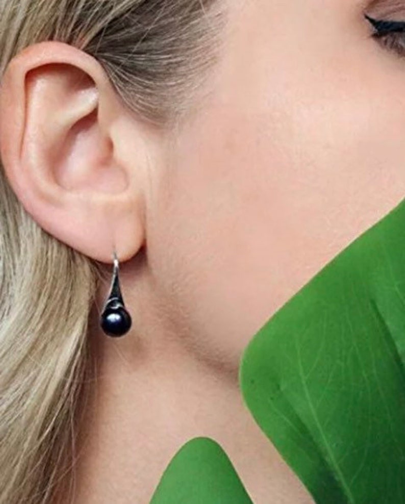 Black Pearl Earrings Dangle Drop Sterling Silver Earrings Etsy