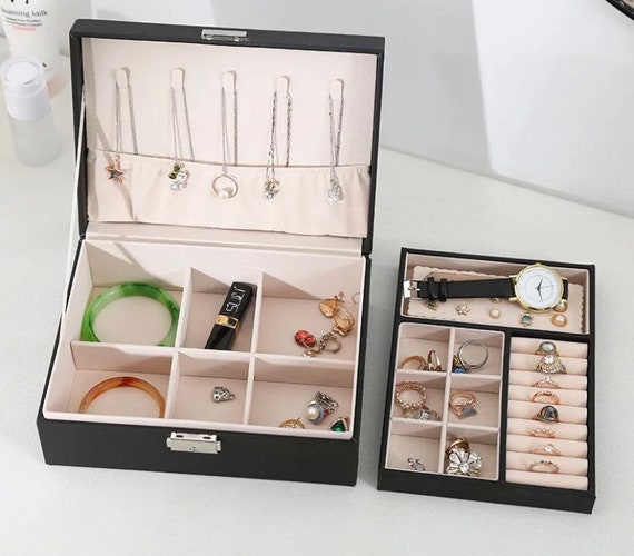 Double Layer Jewelry Box S/L PU Leather Jewellery Organizer Box Lockable  Earring Ring Necklaces Double Tray