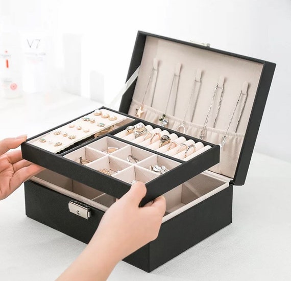 Double Layer Jewelry Storage Box, Pu Lather Jewelry Organizer, Lockable  Large Jewelry Box for Necklaces Rings Earrings Watch. 
