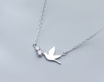 925 Sterling Silver & Rhodium-plated Polished CZ Peace Dove Charm Pendant 
