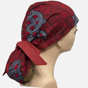 African print Satin lined  Pony Tail  Scrub Cap, Nurses&#39; Cap,  Surgical Hat, Ankara Scrub Cap, Elasticized  Scrub Cap, Protective Scrub Cap.