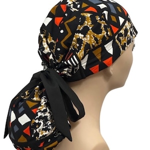 African Print Satin lined  Pony Tail  Scrub Cap, Nurses&#39; Cap,  Surgical Hat, Elasticized  Scrub Cap, Protective Scrub Cap.