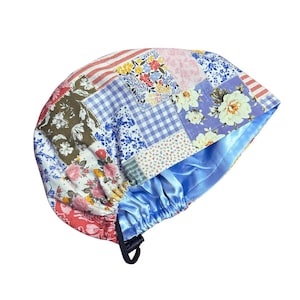 Boho patch Euro style  satin-lined Scrub Cap, Surgical Hat,  Scrub Cap, Euro style Scrub Hat,Elasticized Scrub Cap, Protective Scrub Cap.