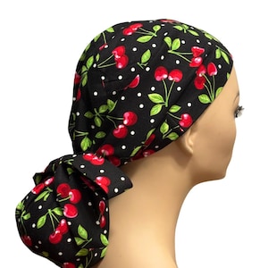 Red Cherries  Satin lined  Ponytail Scrub Cap, Nurses&#39; Cap,  Surgical Hat,  Adjustable and Elasticized Scrub Cap, Protective Scrub Cap.