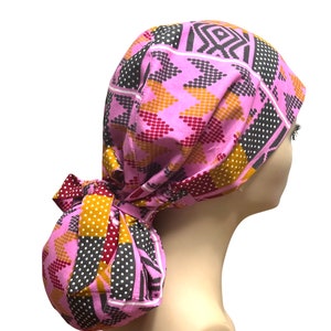 African Print Satin lined  Scrub Cap, Nurses&#39; Cap,  Ankara Print Scrub Cap,Ponytail Scrub Hat,Elasticized Scrub Cap, Protective Scrub Cap.