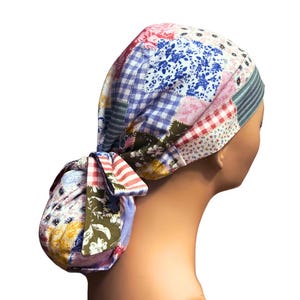 Boho Patch  Satin lined  Ponytail Scrub Cap, Nurses&#39; Cap,  Surgical Hat,  Adjustable and Elasticized Scrub Cap, Protective Scrub Cap.