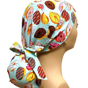 Doughnut Satin lined  Ponytail Scrub Cap, Nurses&#39; Cap,  Surgical Hat,  Adjustable and Elasticized Scrub Cap, Protective Scrub Cap.