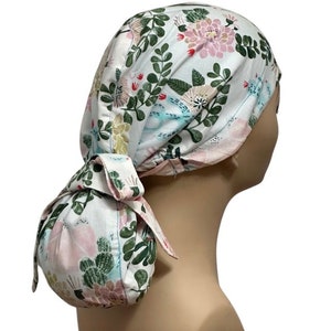 Cactus &Floral  Satin lined  Ponytail Scrub Cap, Nurses&#39; Cap,  Surgical Hat,  Adjustable and Elasticized Scrub Cap, Protective Scrub Cap.