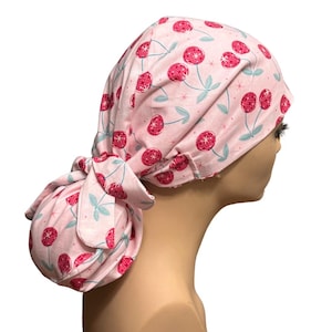 Disco Cherry Satin lined  Ponytail Scrub Cap, Nurses&#39; Cap,  Surgical Hat,  Adjustable and Elasticized Scrub Cap, Protective Scrub Cap.
