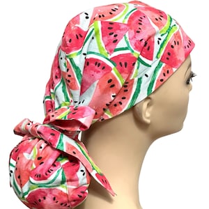 Water Melon  Satin lined Ponytail Scrub Cap, Nurses&#39; Cap,  Surgical Hat, Adjustable Scrub Hat,Elasticized Scrub Cap, Protective Scrub Cap.
