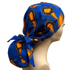 African Print Satin lined Pony tail  Scrub Cap, Nurses&#39; Cap, Surgical Hat,  Print Scrub Cap, Ponytail Scrub Hat, Elasticized Scrub Cap.