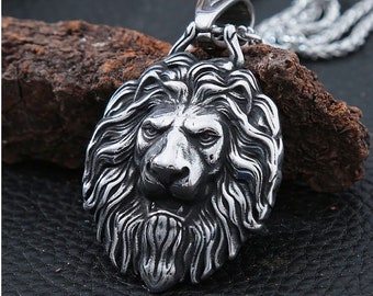 Men's Jewelry Lion Tête Noeud Noir Argent Acier Inoxydable Collier Pendentif Chaîne 