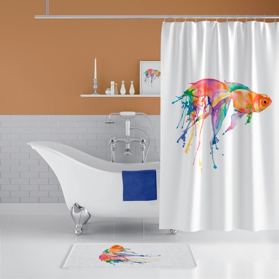 Shower Curtain Fish, 180x200cm, Digital Print Polyester Waterproof Washable  Mould and Mildew Resistant hooks 71x78 