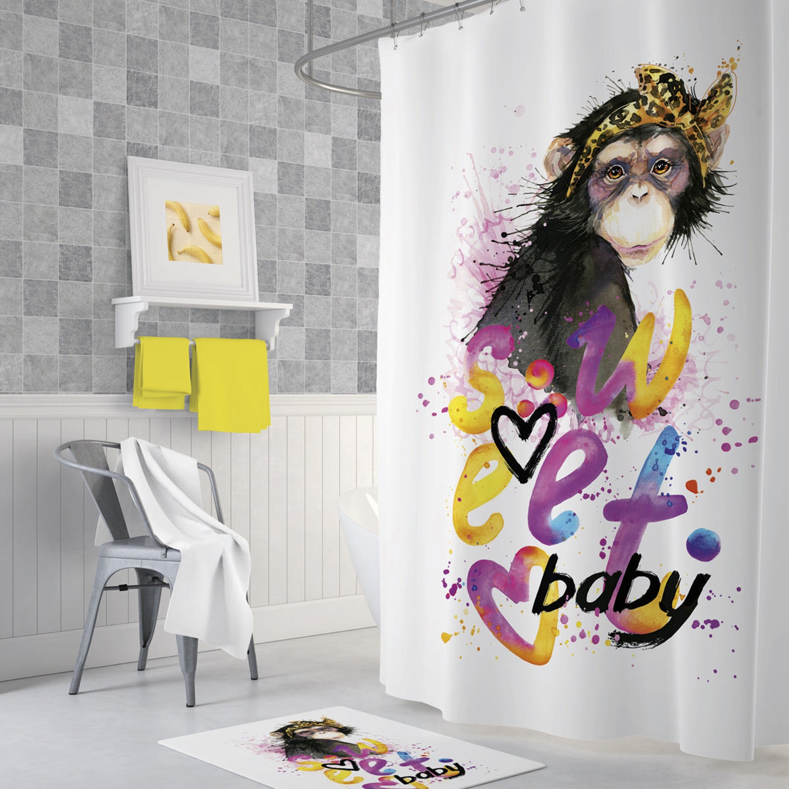 Monkey Shower Curtain 180x200cm Digital Print Polyester Etsy