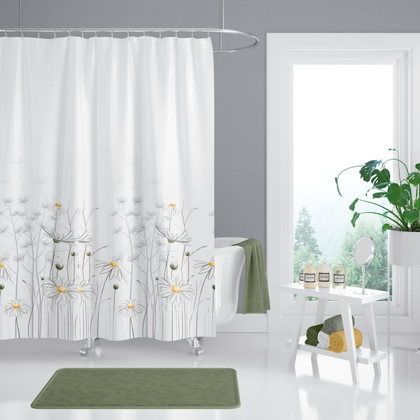 Daisy Shower Curtain, 120x200cm Digital Print Polyester Waterproof Washable Mould and Mildew Resistant +Hooks (47"x78")