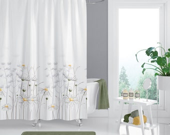 Daisy Shower Curtain, Daisy Bahtroom Curtain, Polyester Curtain, Waterproof, Washable, Mould and Mildew Resistant +Hooks, Digital Print