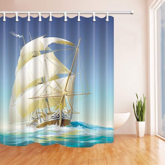 Shower Curtain Boat Long Bathtroom Curtain Digital Print Etsy