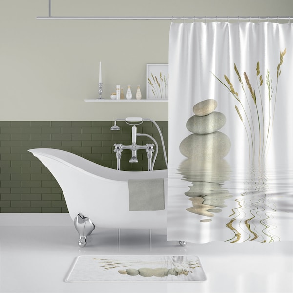 Stein Duschvorhang, Zen Duschvorhang, Polyester, wasserfester Badvorhang, waschbare Form und Mehlew resistent + Haken